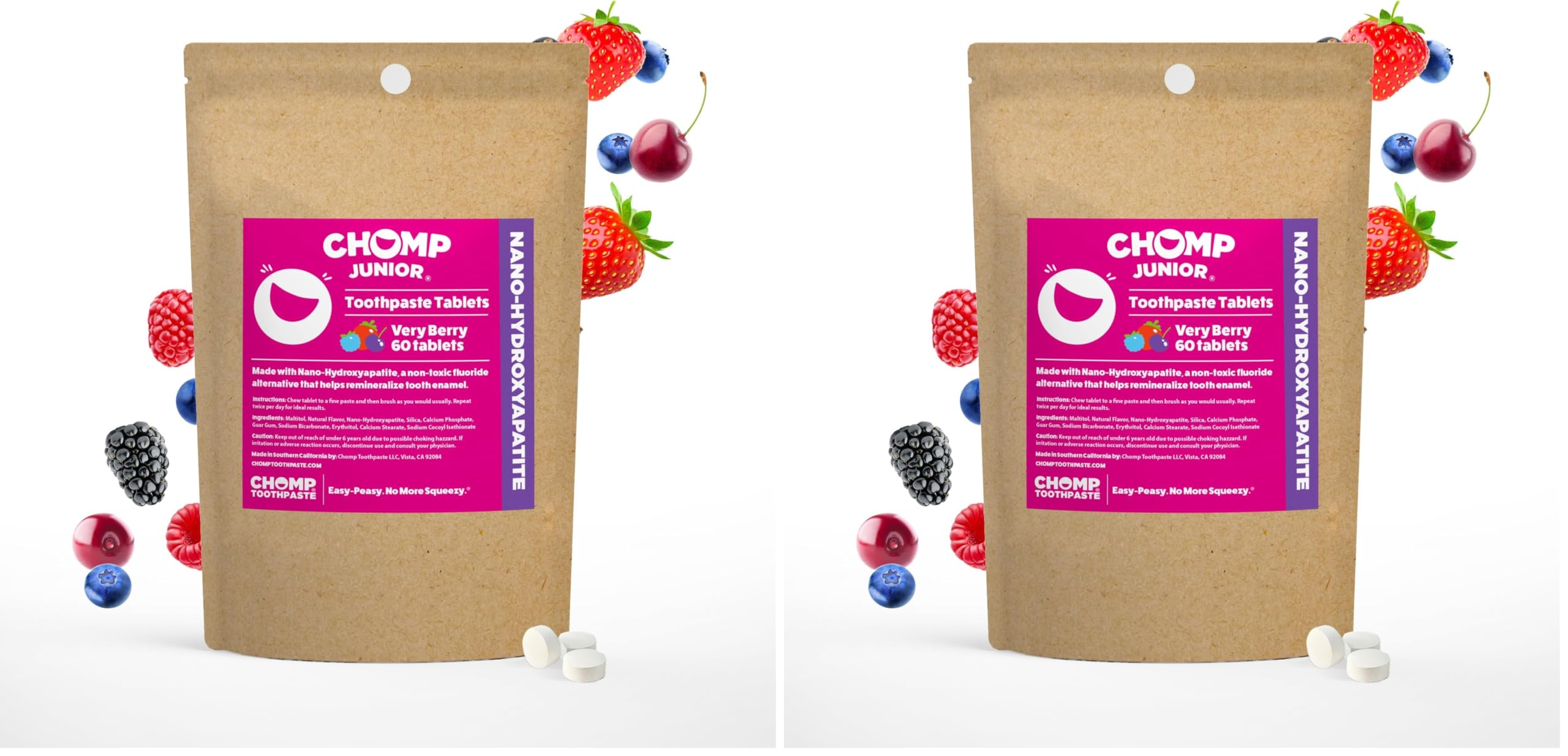 Front view of Chomp Junior Very Berry toothpaste tablets refill pack