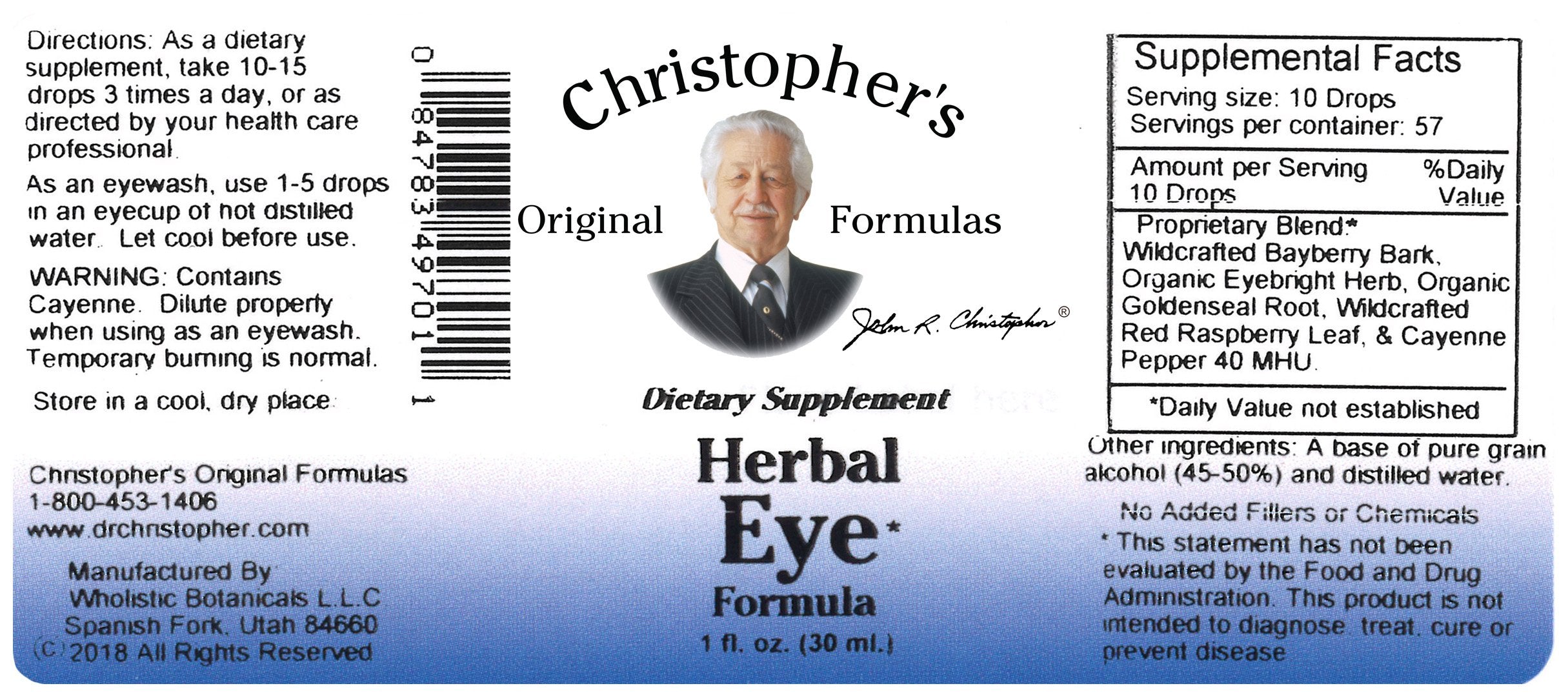 Christopher's Original Formulas eyebright label close-up highlights premium ingredients.
