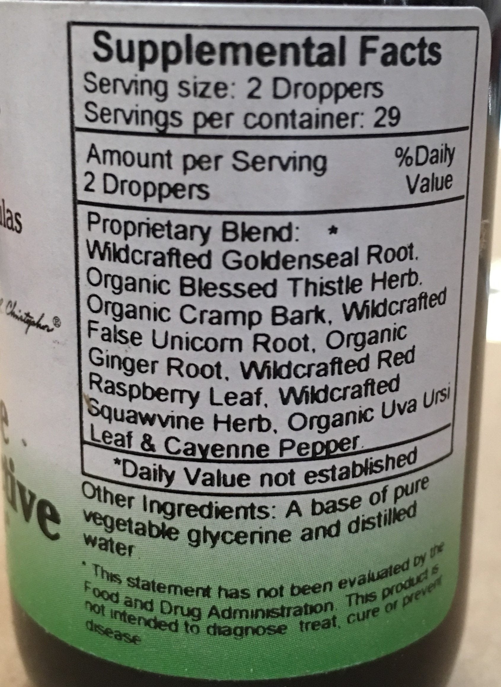 Herbal ingredients in the formula including Golden Seal Root, Blessed Thistle Herb, Cayenne Pepper, Cramp Bark, False Unicorn Root, Ginger Root