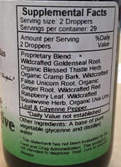 Herbal ingredients in the formula including Golden Seal Root, Blessed Thistle Herb, Cayenne Pepper, Cramp Bark, False Unicorn Root, Ginger Root