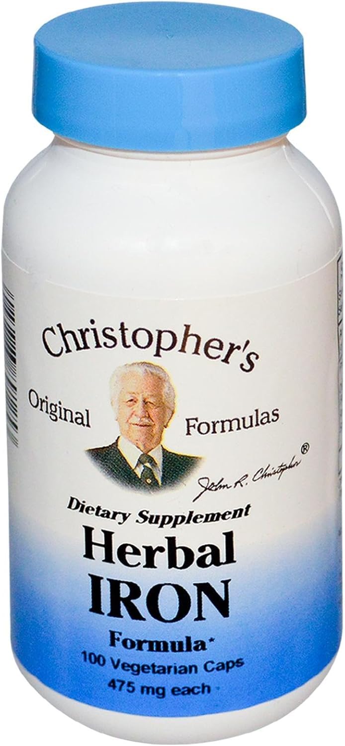 Bottle label for Christopher's Original Formulas Herbal Iron Formula featuring Yellow Dock Root, Dandelion Root, and Nettle Leaf