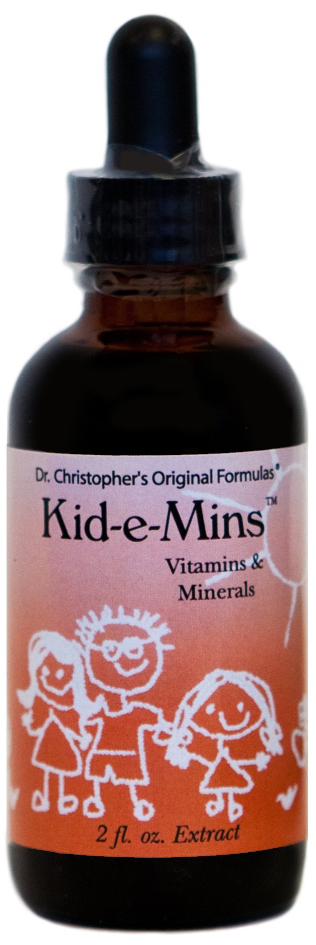 Front view of Christopher's Original Formulas Kid-E-Mins orange-flavored liquid multivitamin bottle (2 oz)
