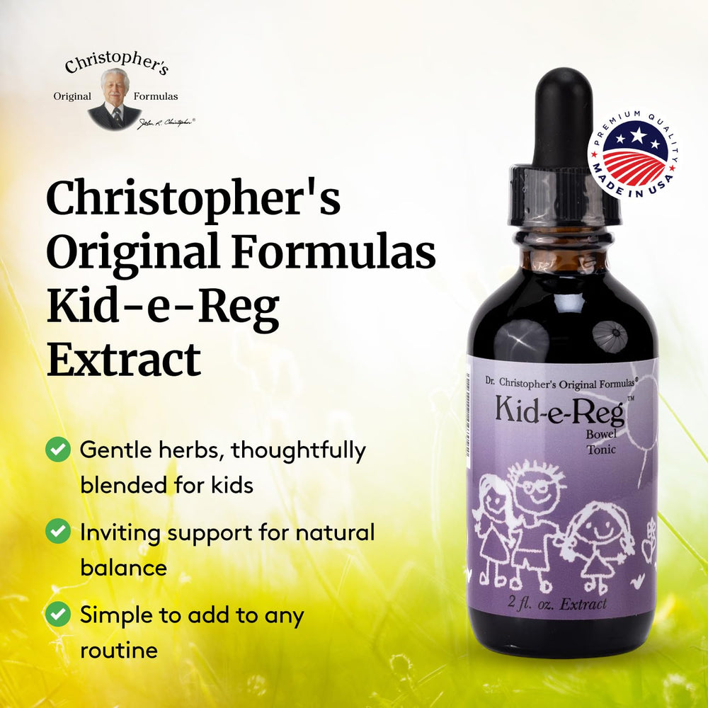 Christopher's Kid-e-Reg label highlights a safe, herbal formula for gentle gut balance