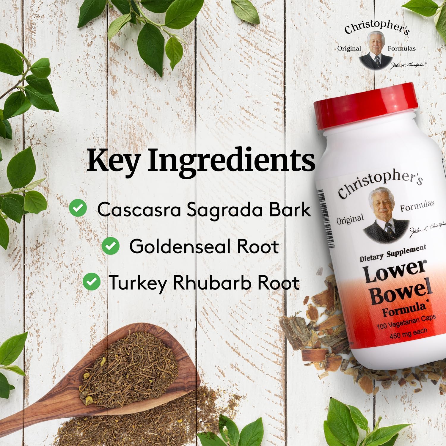 Herbal ingredients visualization for Lower Bowel Formula 100 Vcaps