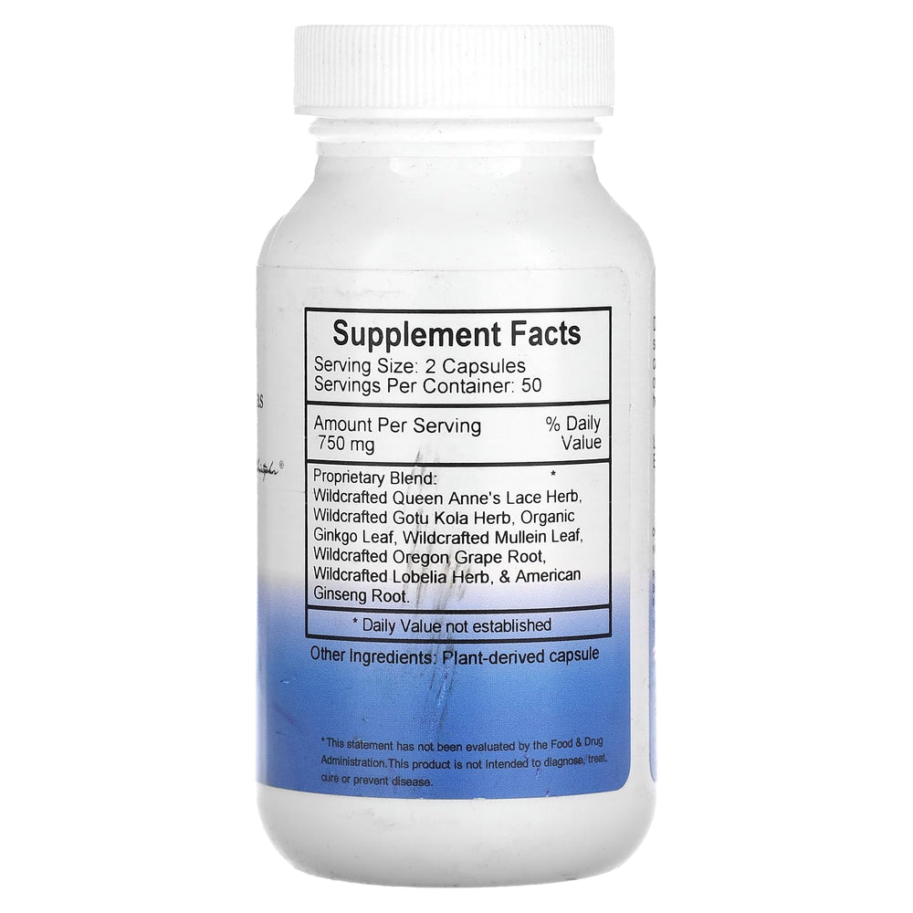 Herbal blend of Carrot Leaf, Gotu Kola, Ginkgo, Mullein, Oregon Grape, Lobelia, and Ginseng in VegiCaps