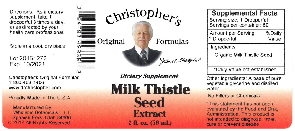 Ingredients and dosage information panel on Christopher's Milk Thistle Seed bottle