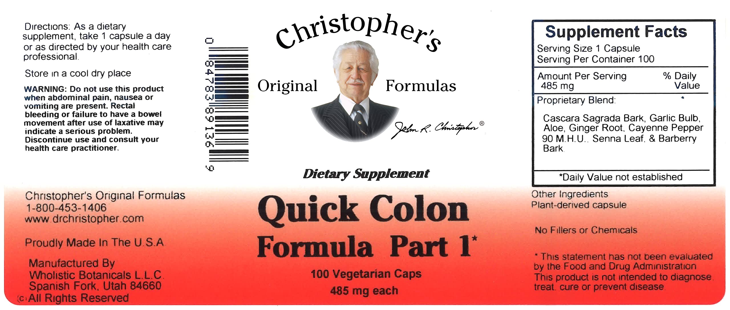 Packaging box for Christopher's Original Formulas Quick Colon Part 1 signaling quality and vegetarian capsules.