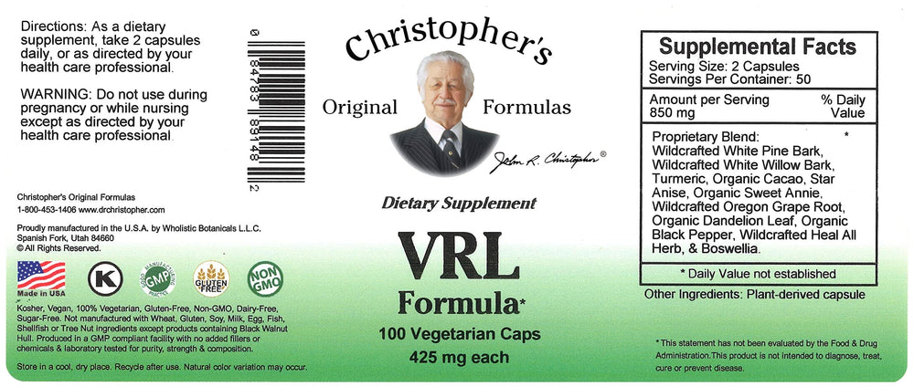 Close-up of Christopher's Original Formulas VRL Formula bottle with natural ingredients including Elderberry, Echinacea, and Goldenseal