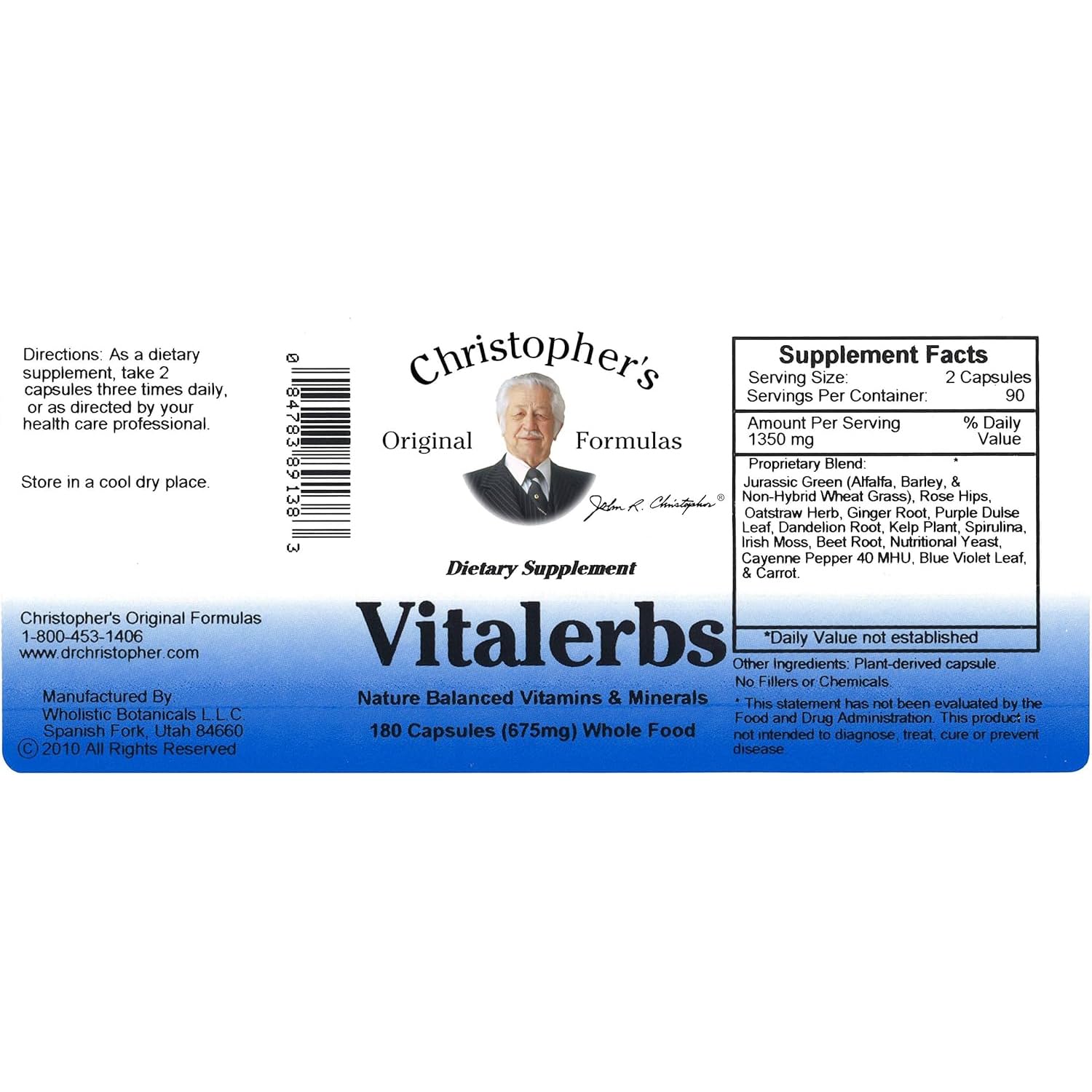 Vitalerbs 180 vegetarian capsules bottle on white background