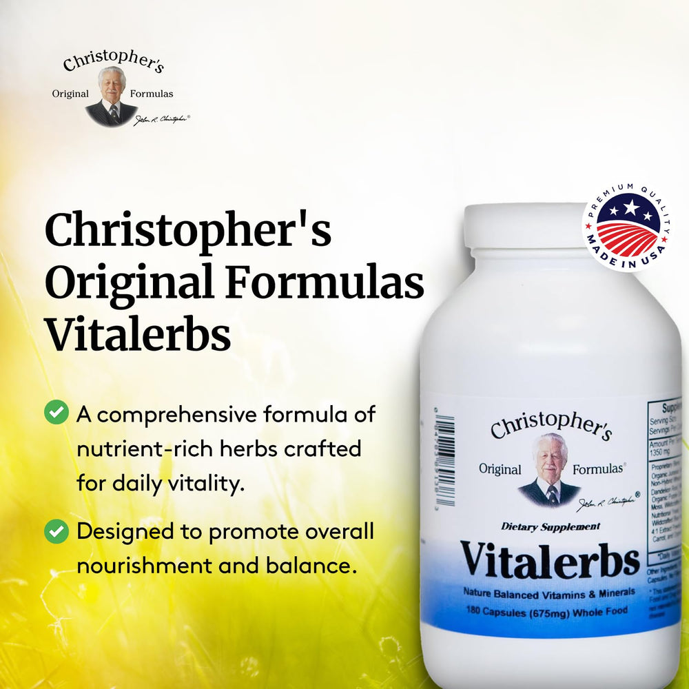 Front view of Vitalerbs bottle with product information