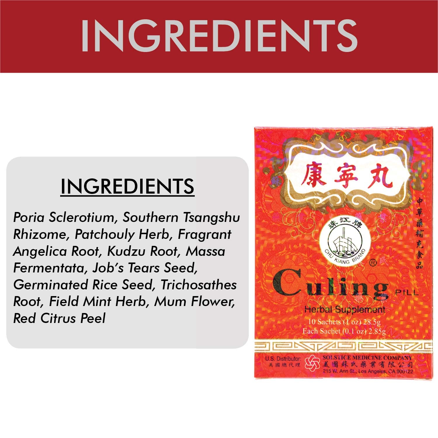 Back panel of Chu Kiang Culing Pill Solstice box showing ingredients