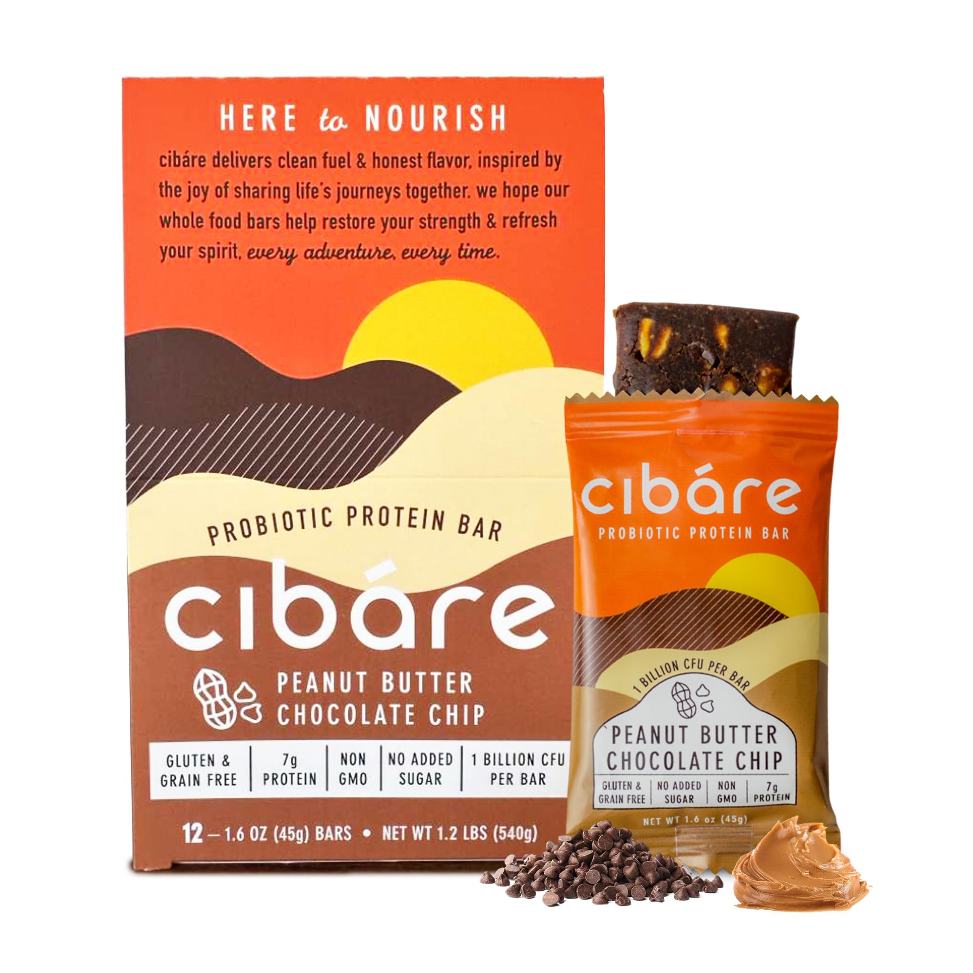 Cibáre Probiotic Protein Bar front view – Peanut Butter Chocolate Chip flavor