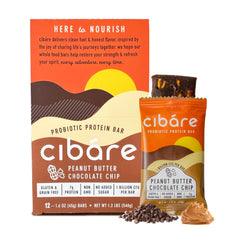 Cibáre Probiotic Protein Bar front view – Peanut Butter Chocolate Chip flavor
