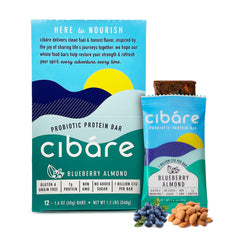 Hero image of Cibáre Probiotic Protein Bars in Blueberry Almond flavor (12 count).