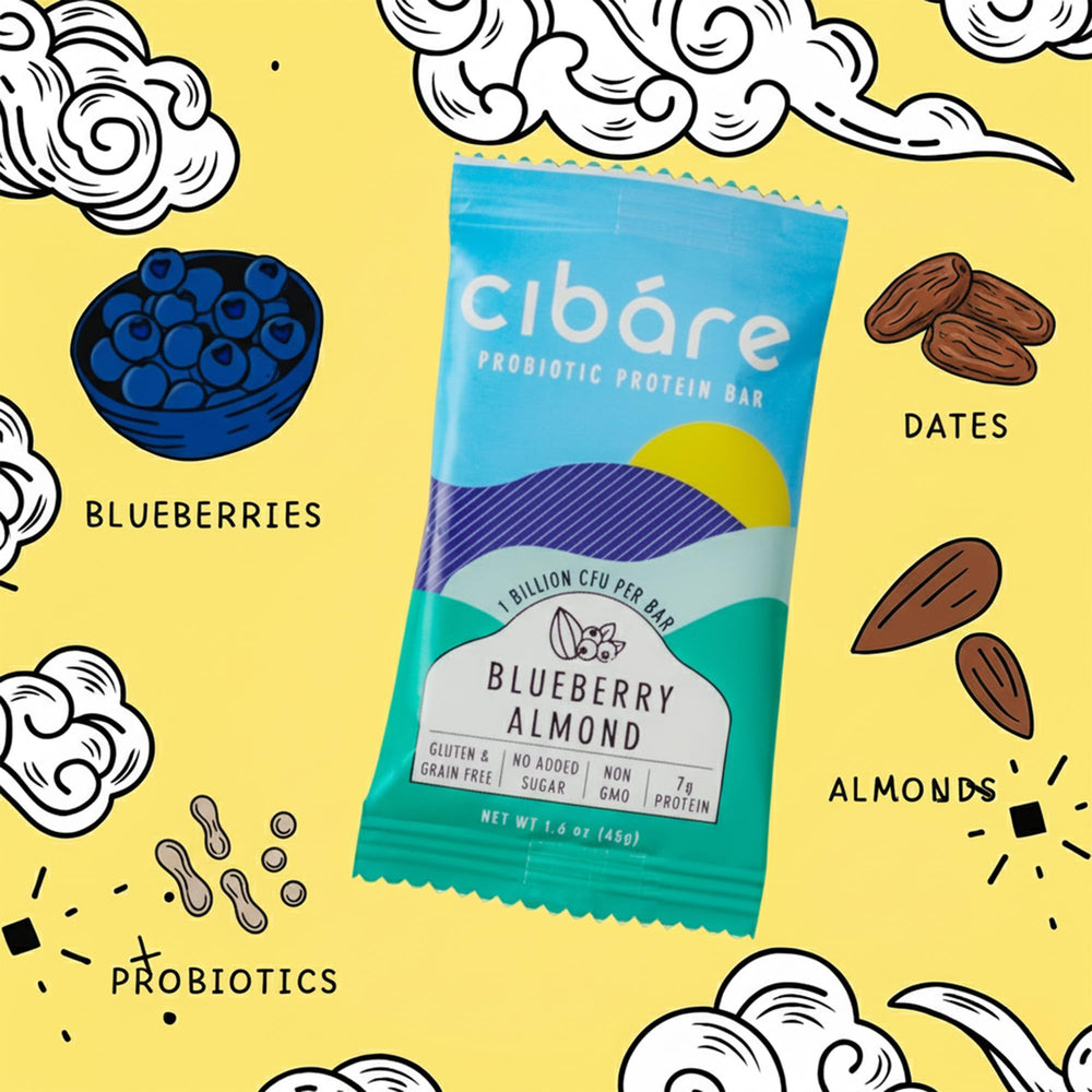 Packaging and branding of Cibáre Probiotic Protein Bars.