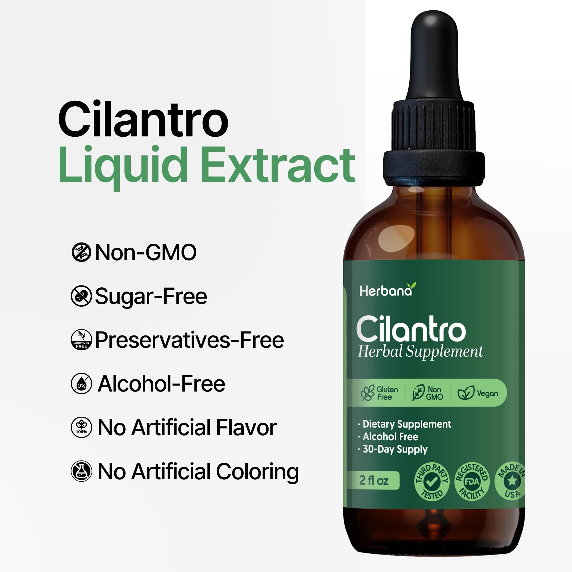 Front view of cilantro tincture bottle with USA-made badge