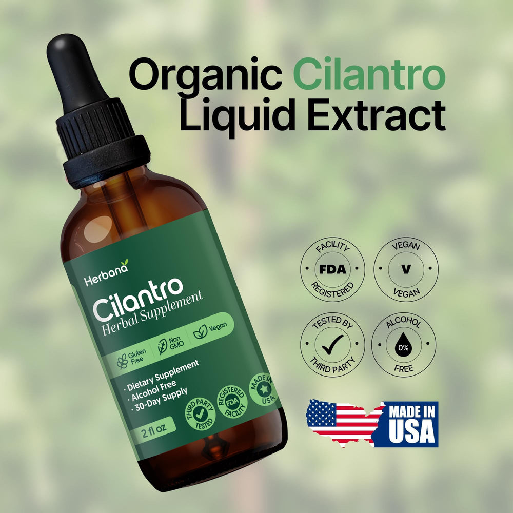 Cilantro tincture bottle positioned beside a detox-themed backdrop