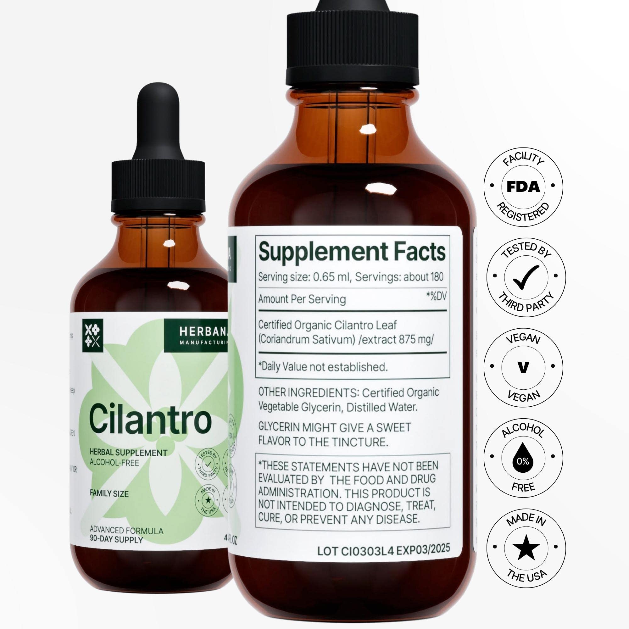 Cilantro tincture label highlighting organic Coriandrum sativum