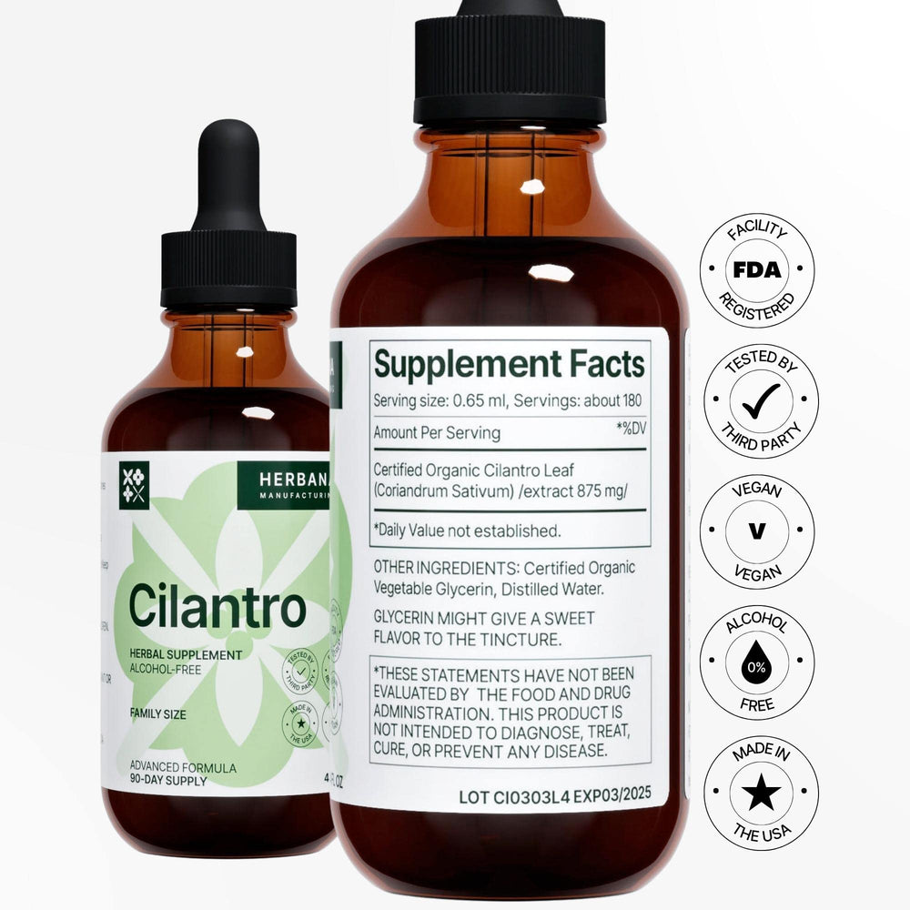 Cilantro tincture label highlighting organic Coriandrum sativum