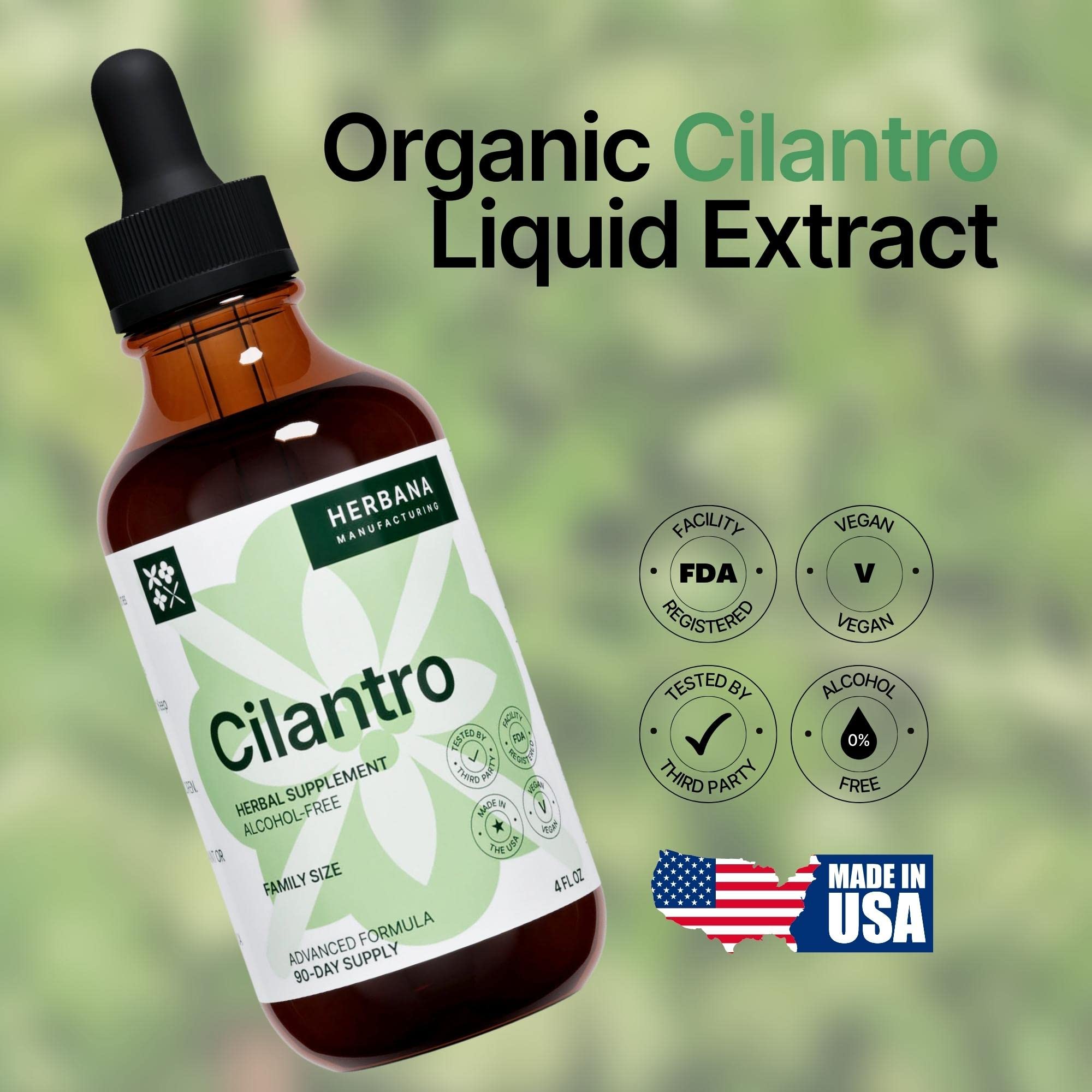 US-made cilantro leaf tincture bottle with shake before use instruction