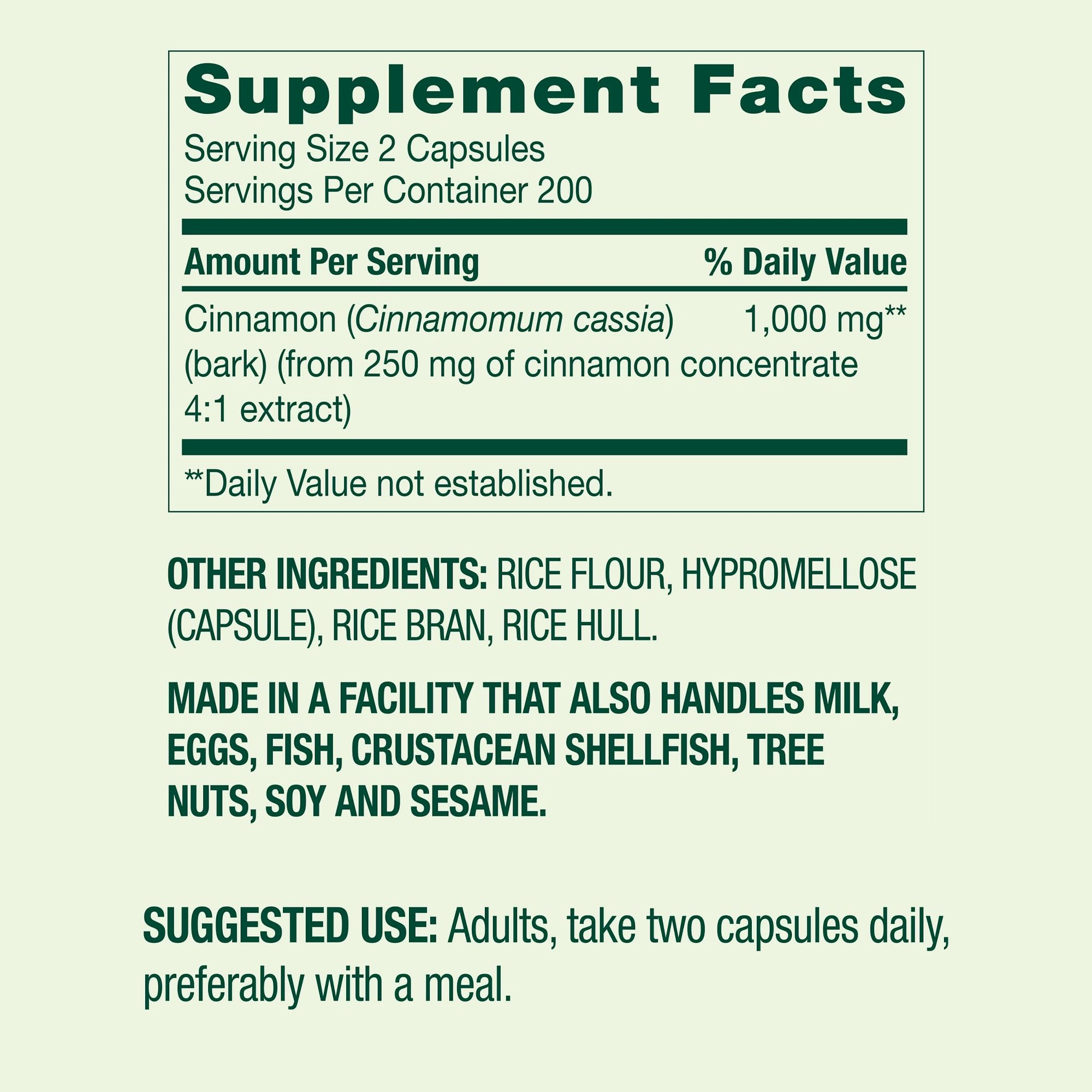Non-GMO and gluten-free Cinnamon 1000 mg supplement labeling