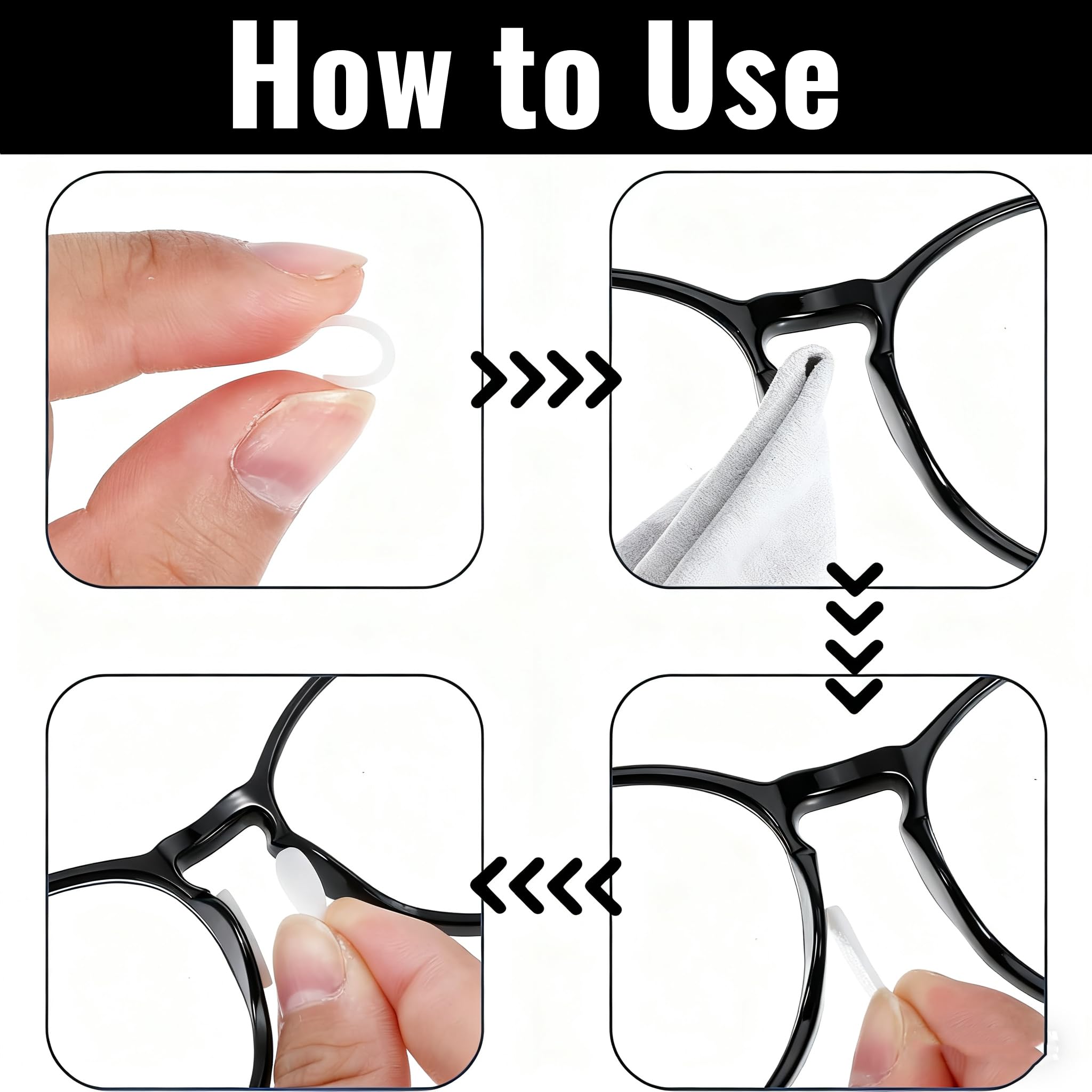 Anti-slip ear grips being applied behind the eyeglass temple