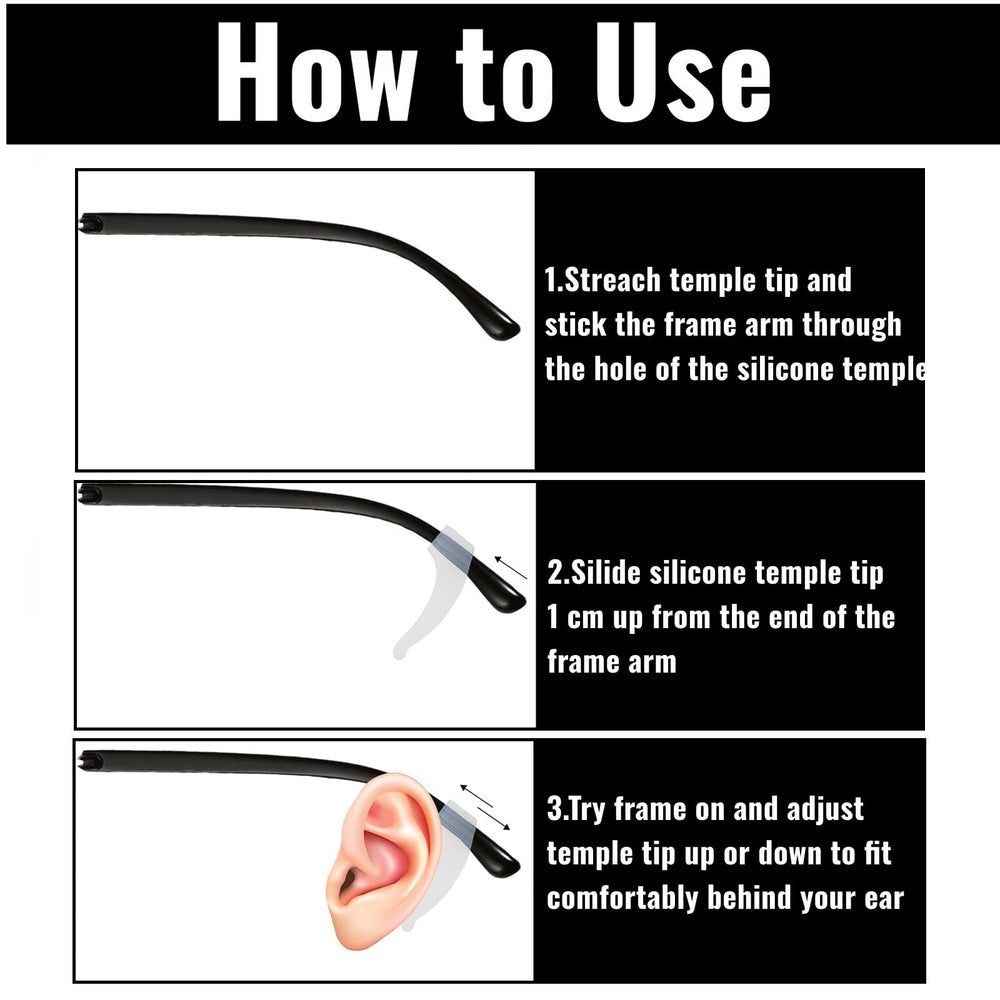 Glasses with anti-slip ear grips installed on temples