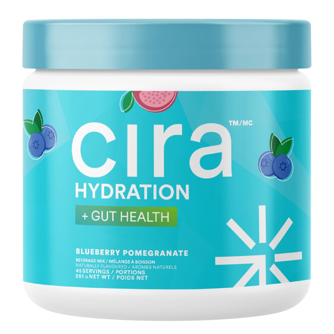 Cira Hydration powder tub showing electrolytes and probiotics for daily balance.