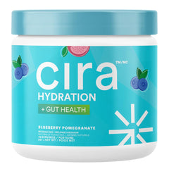 Cira Hydration powder tub showing electrolytes and probiotics for daily balance.