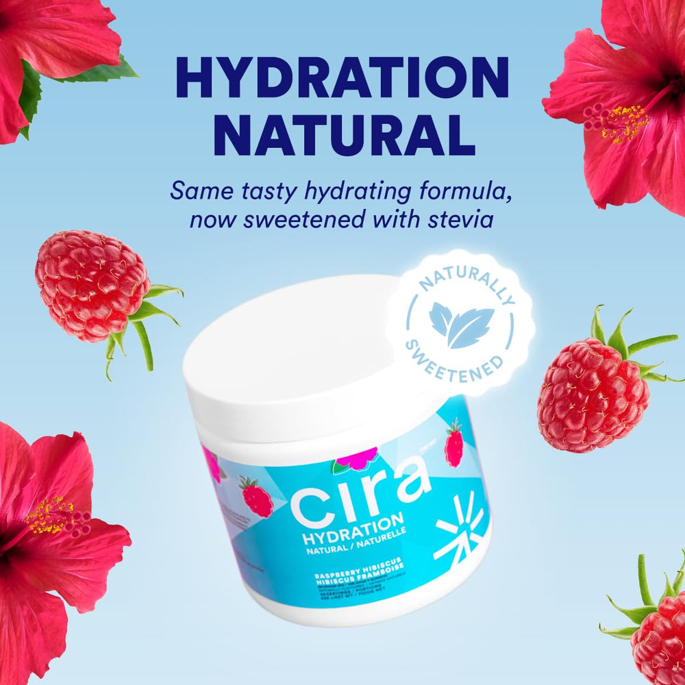 Cira Hydration tub label highlighting natural flavors and stevia