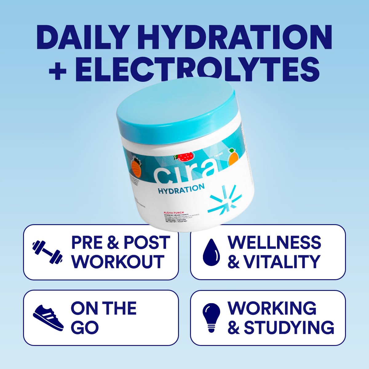 Cira Hydration fruit punch tub front emphasizes refreshing flavor.