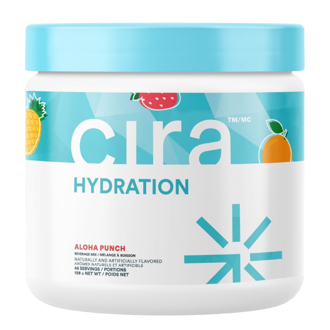 Cira Hydration powder jar close-up highlighting electrolyte blend for hydration.