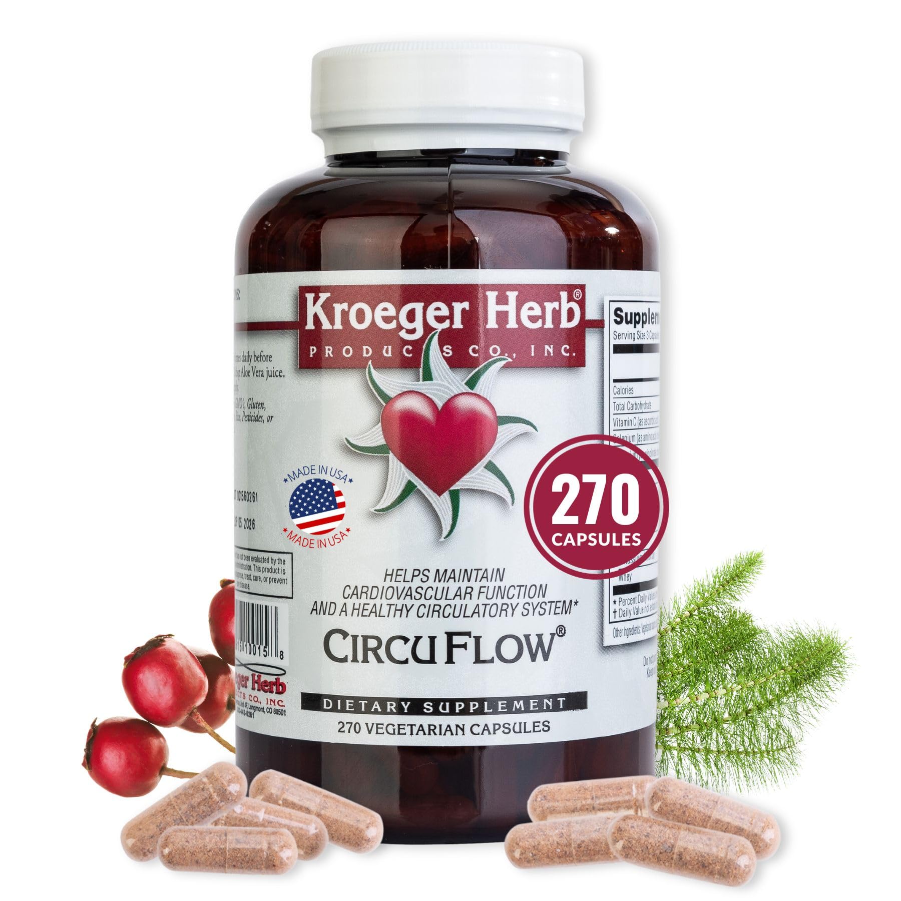 Circu Flow bottle showing Hawthorn Heart Support 270 capsules, USA made