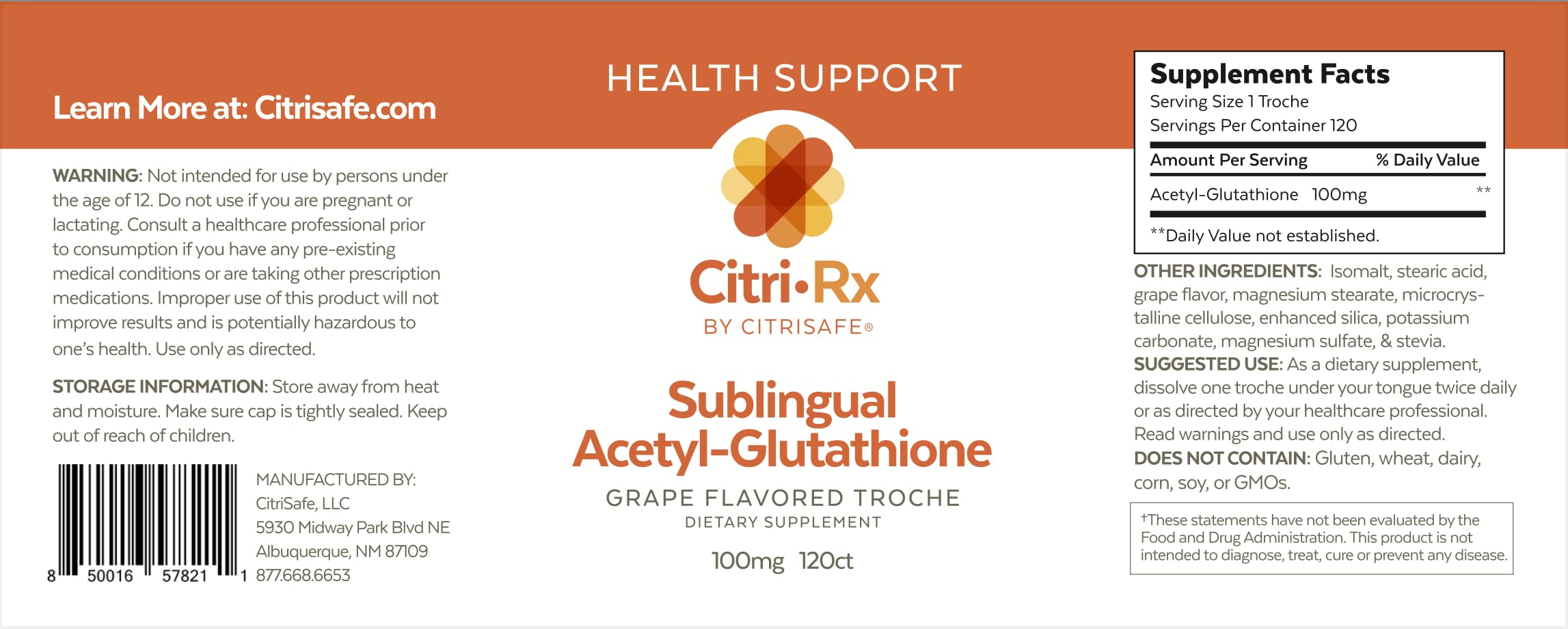 Close-up of CitriRx 120-count bottle label in grape flavor