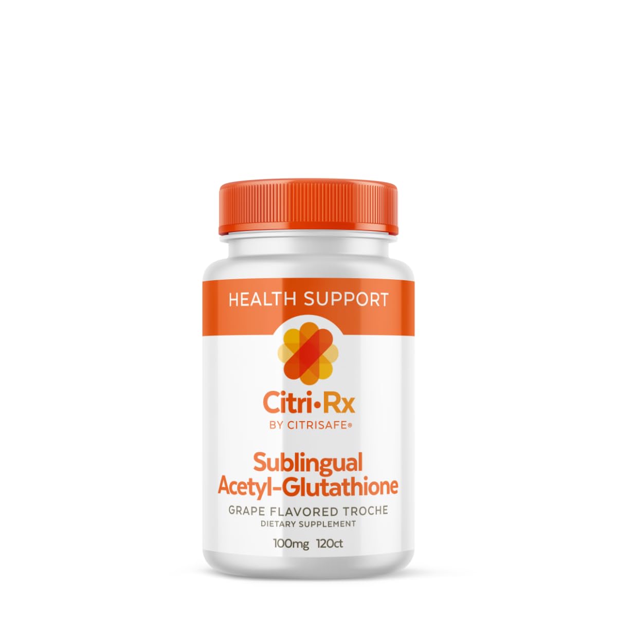 CitriRx Sublingual Acetyl Glutathione 100mg bottle with grape flavor label, USA-made