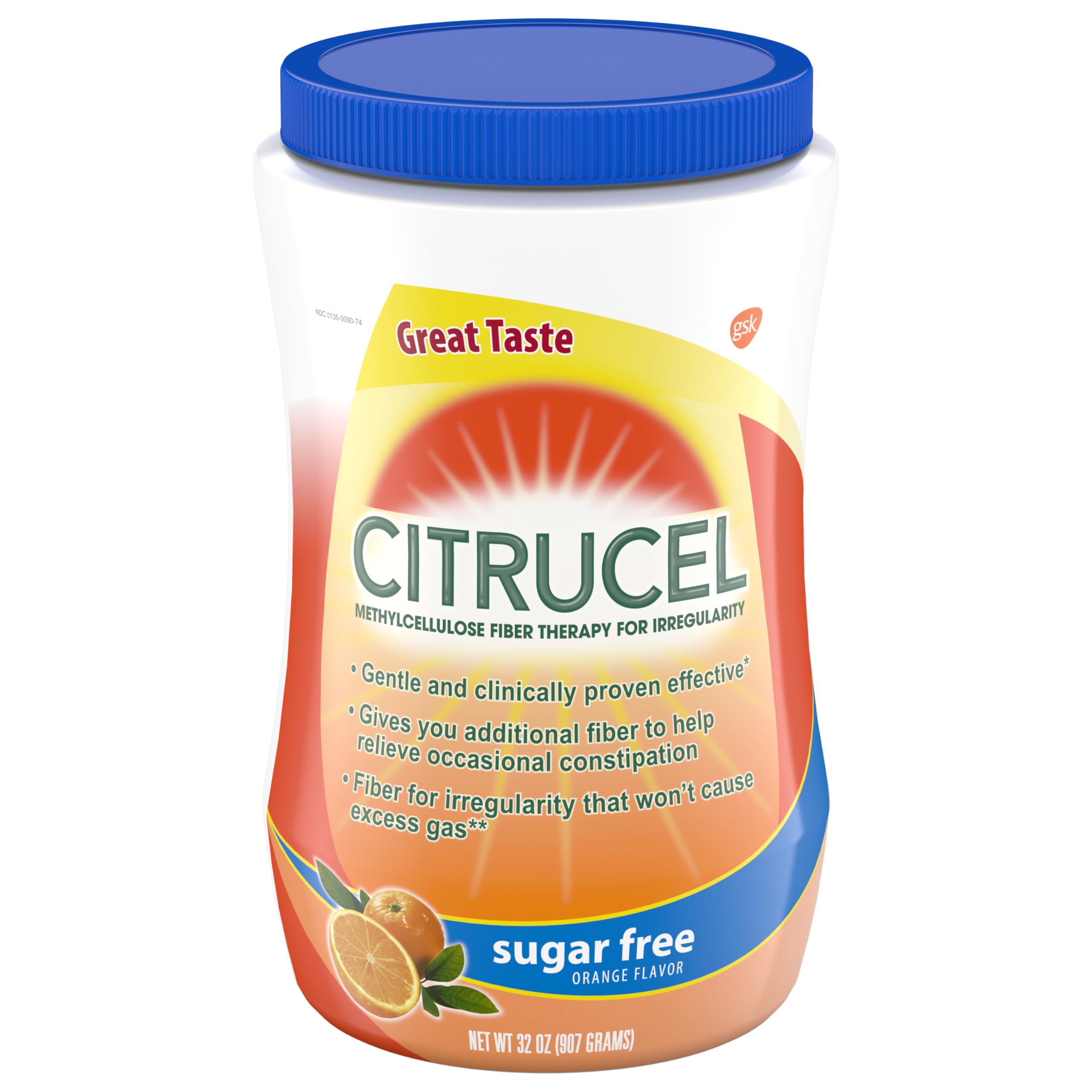 Citrucel Sugar Free Fiber Powder orange flavor 32 oz bottle.