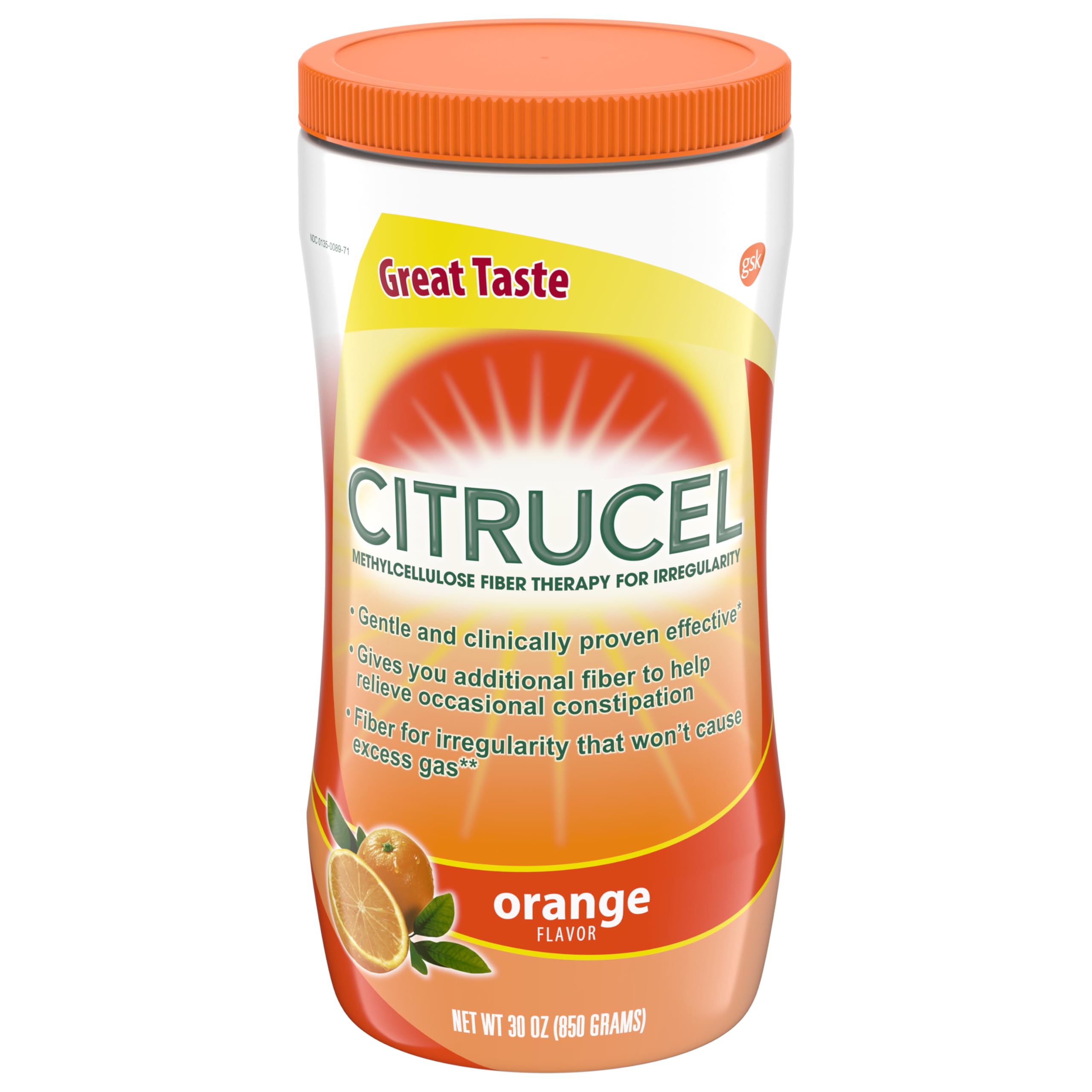 Citrucel orange-flavor fiber powder container ready for daily use.
