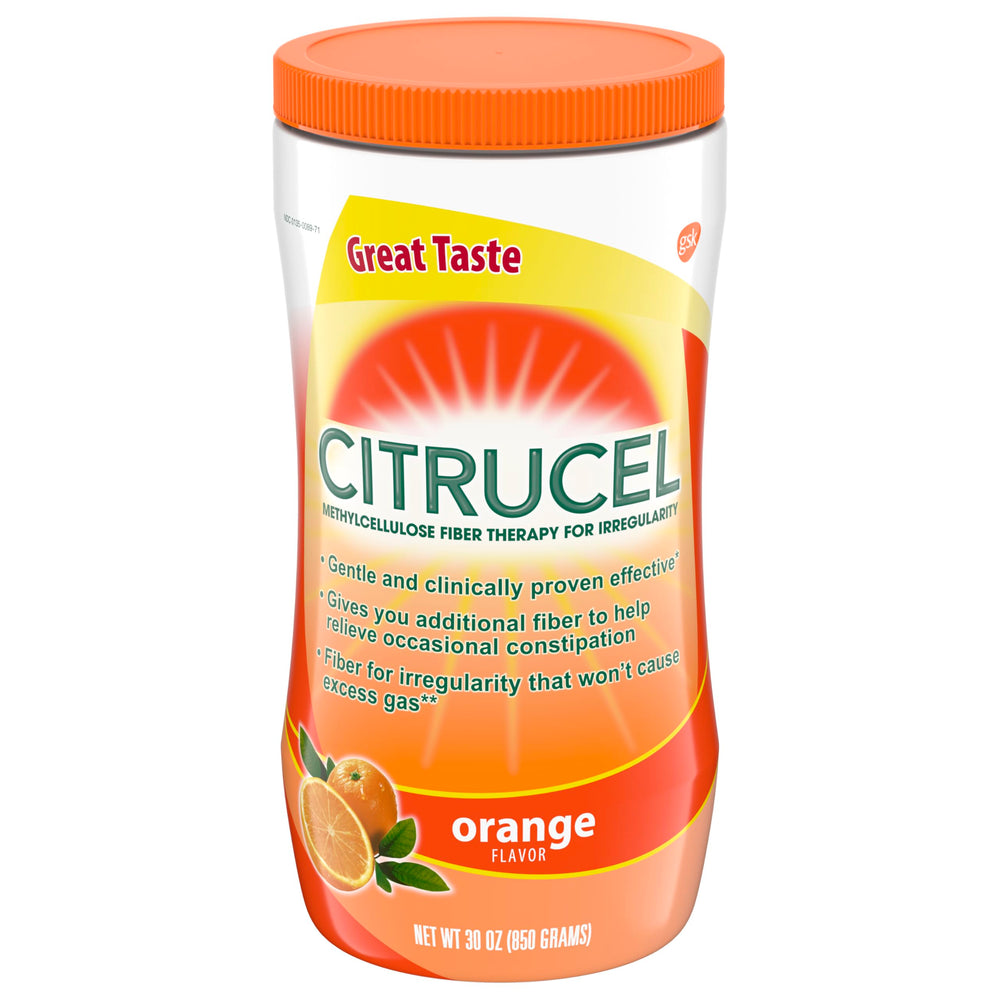 Citrucel orange-flavor fiber powder container ready for daily use.