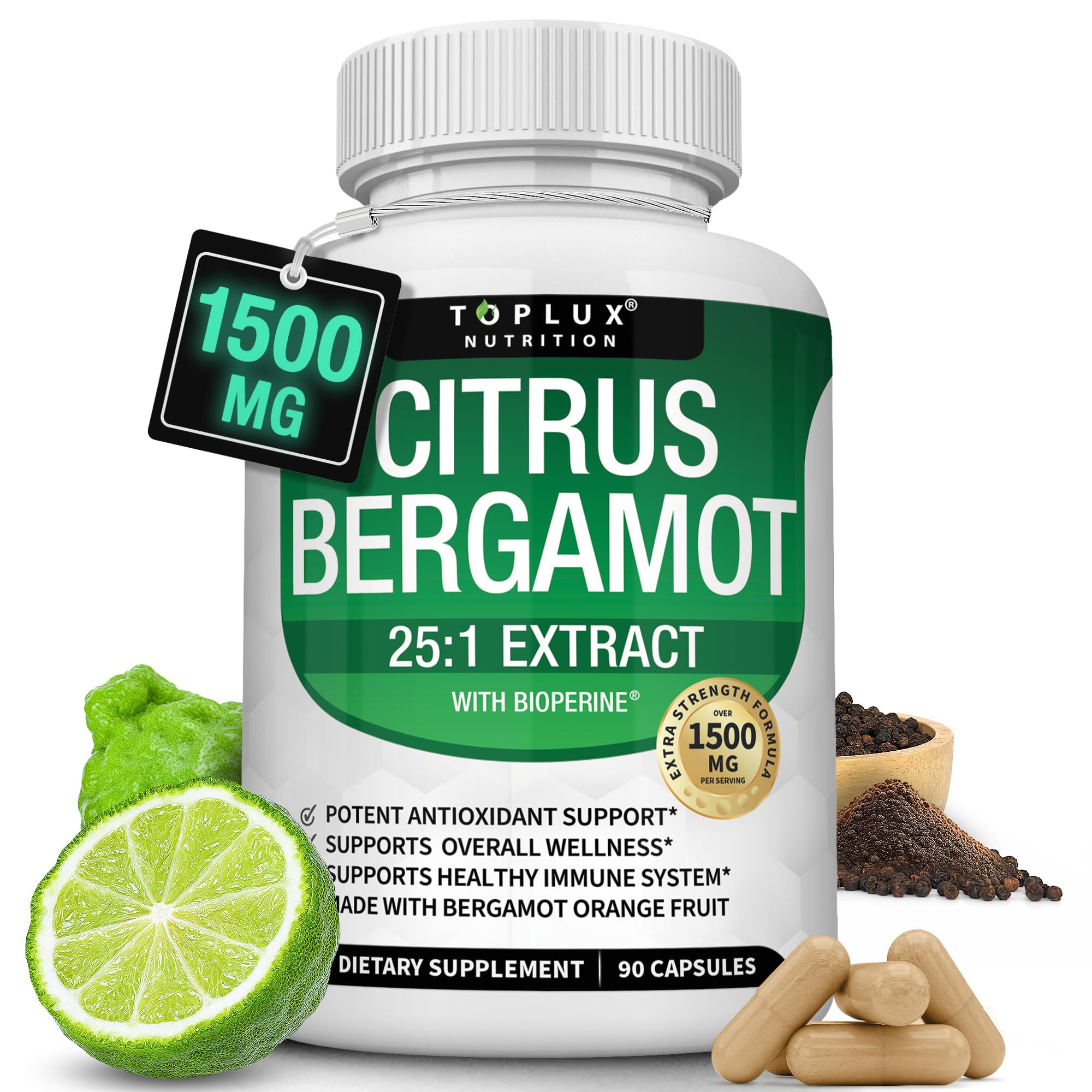 Citrus Bergamot 1500mg 25:1 extract bottle and capsules