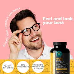 Close-up of Citrus Bergamot 1000mg capsules showing 50% polyphenols