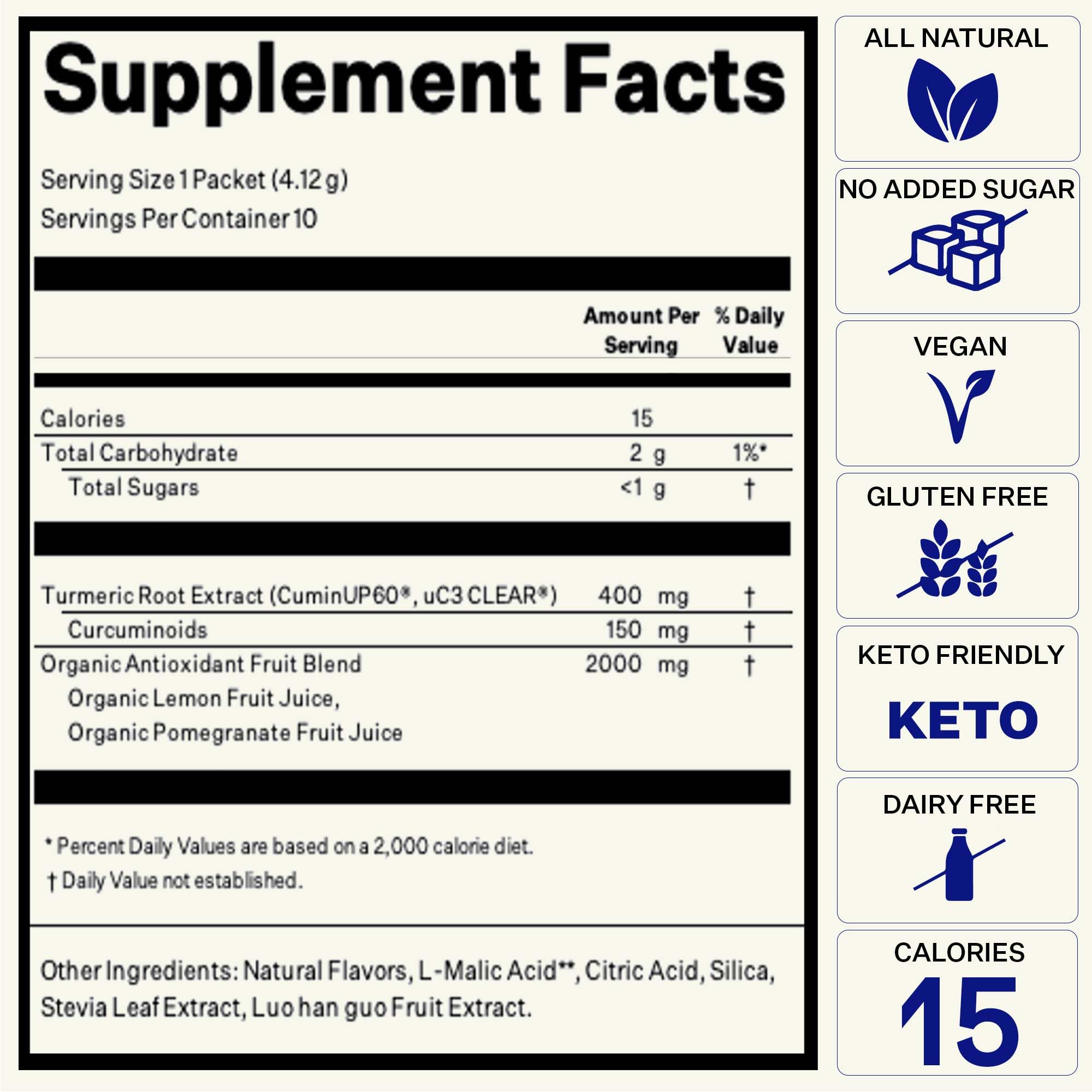 Citrus-flavored turmeric drink shot with lemon and pomegranate