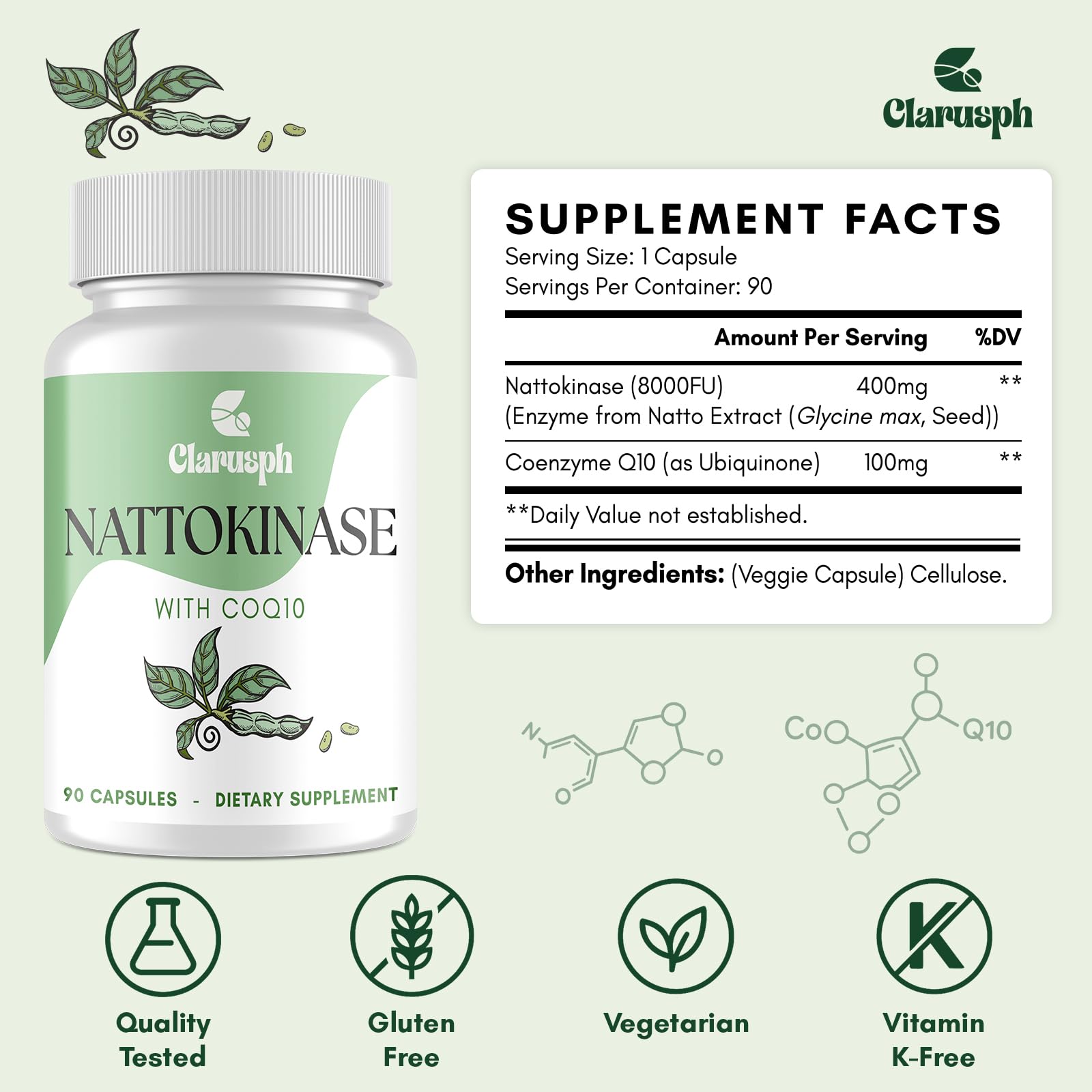 Gluten-free certification label on Clarusph Nattokinase bottle