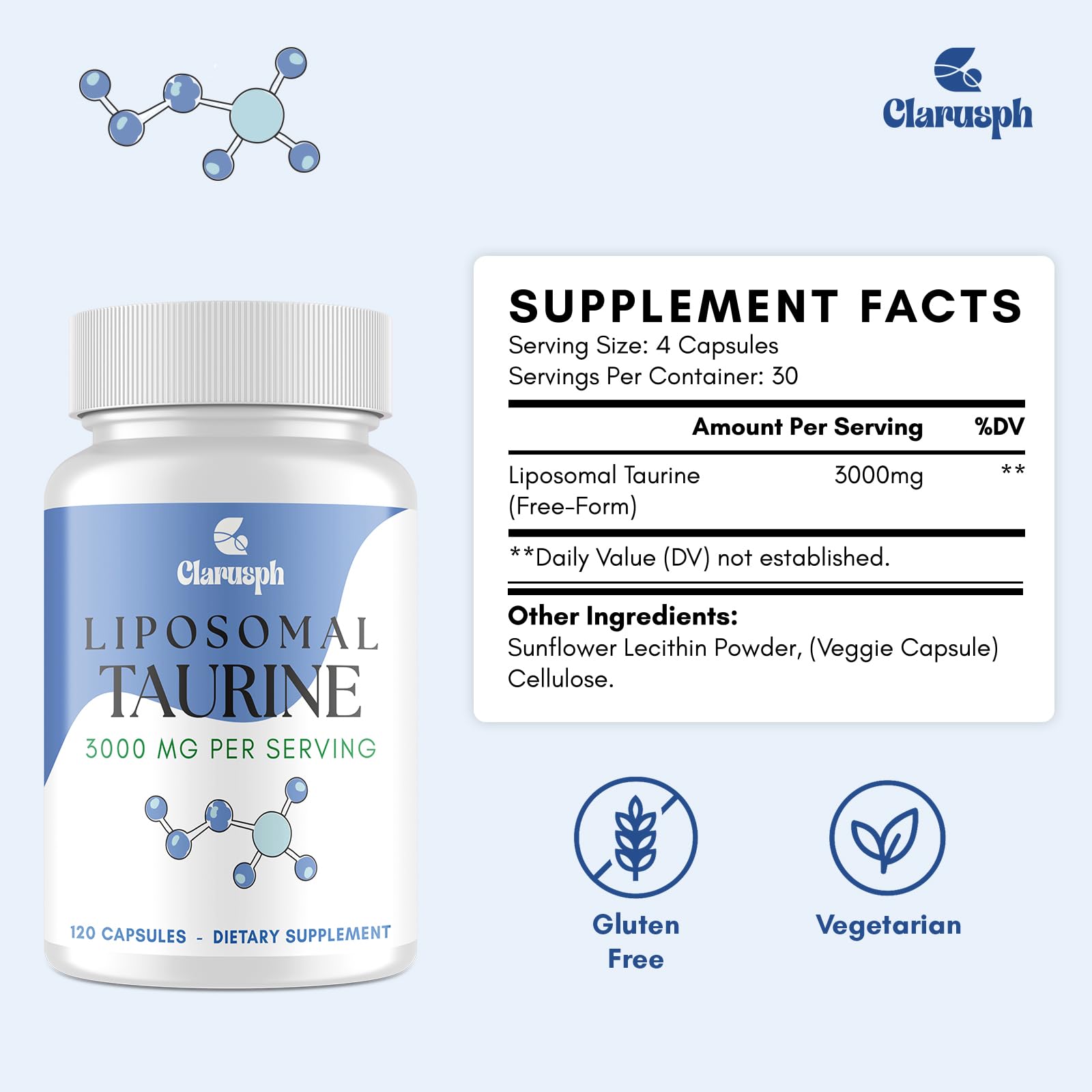 Clarusph Taurine in glass with water implies easy daily use.