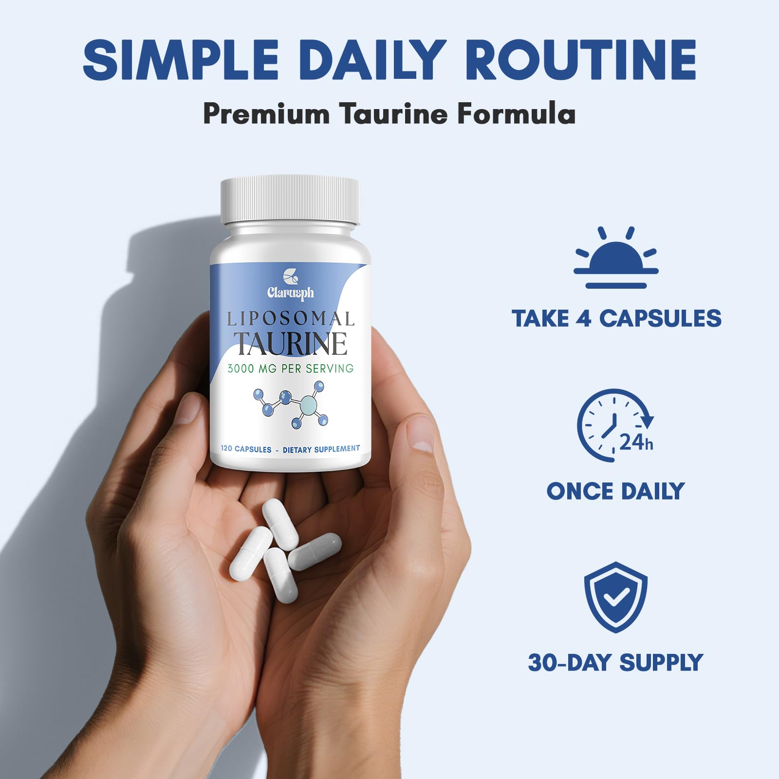 Clarusph Taurine label close-up shows vegan-friendly formula.