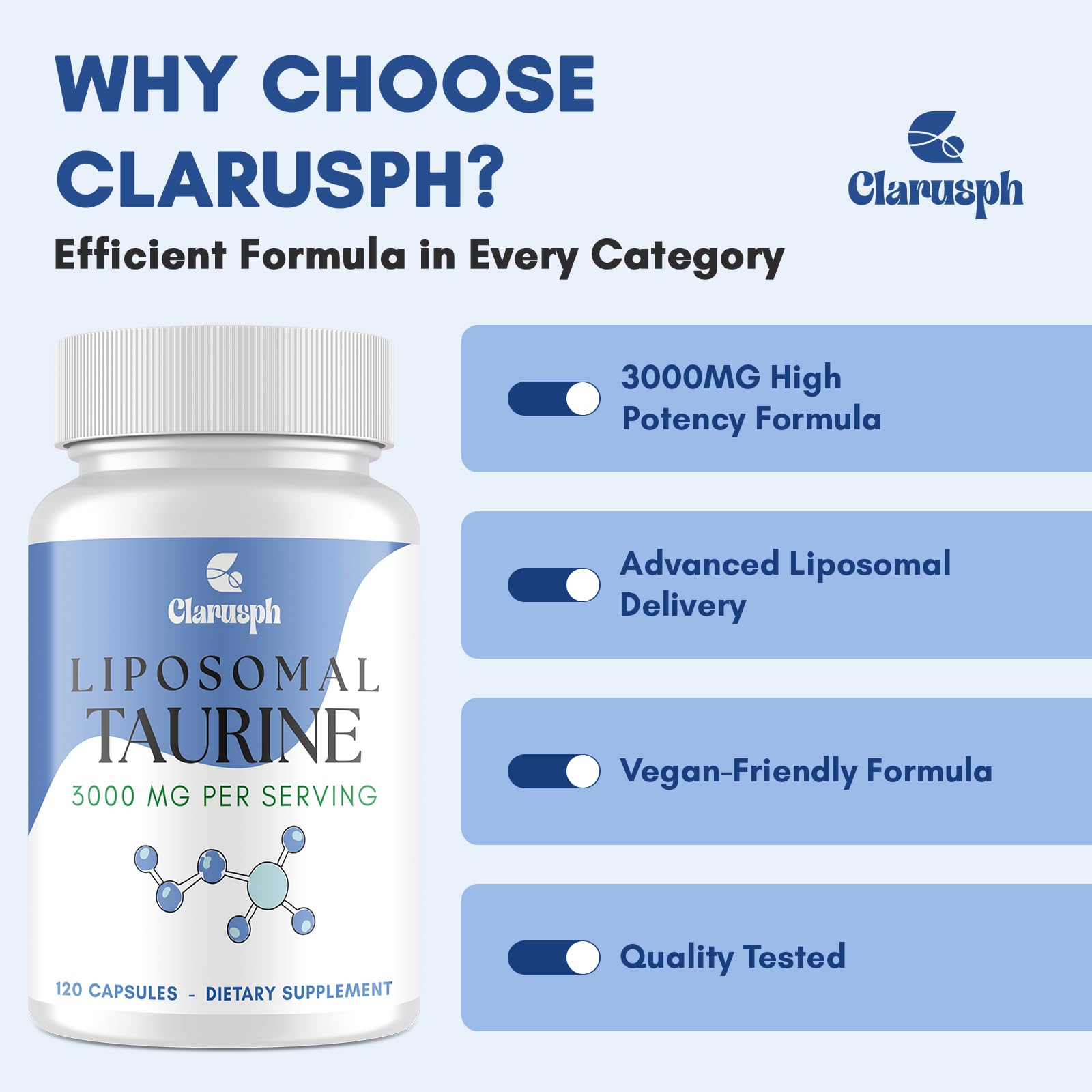 Clarusph Taurine vegetarian formulation highlighting plant-based ingredients.
