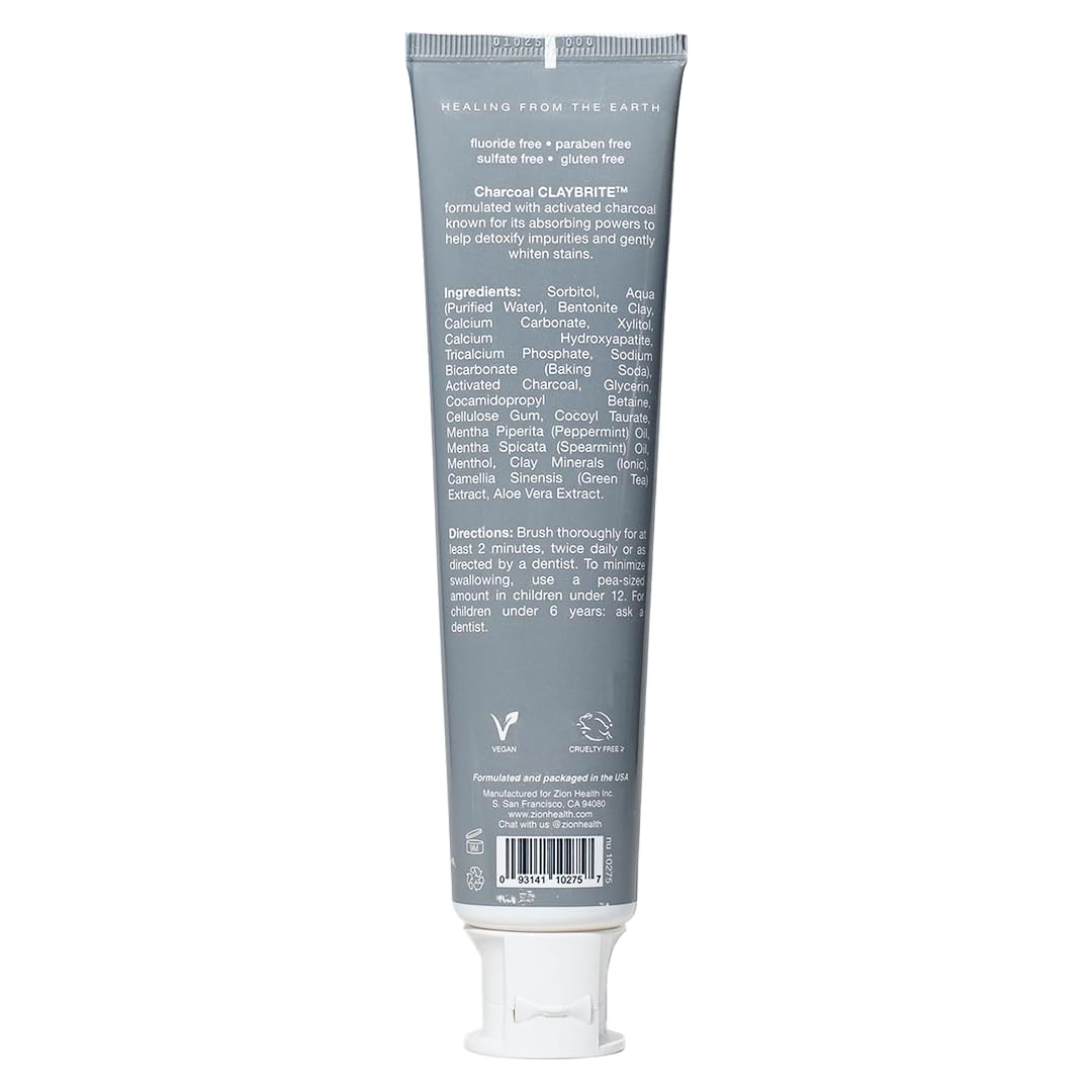 ClayBrite Activated Charcoal Toothpaste Zion Health 4 oz tube side view with labeling