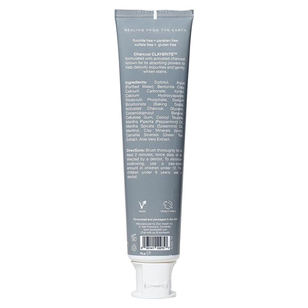 ClayBrite Activated Charcoal Toothpaste Zion Health 4 oz tube side view with labeling