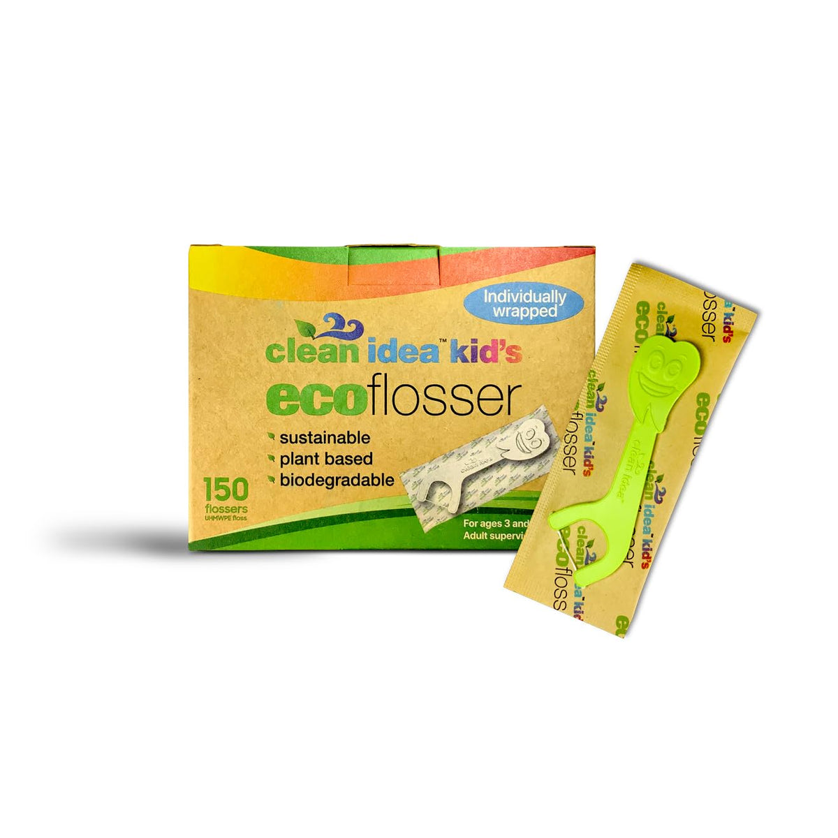 Brightly colored Clean Idea EcoFlossers for kids, 150 count, individually wrapped