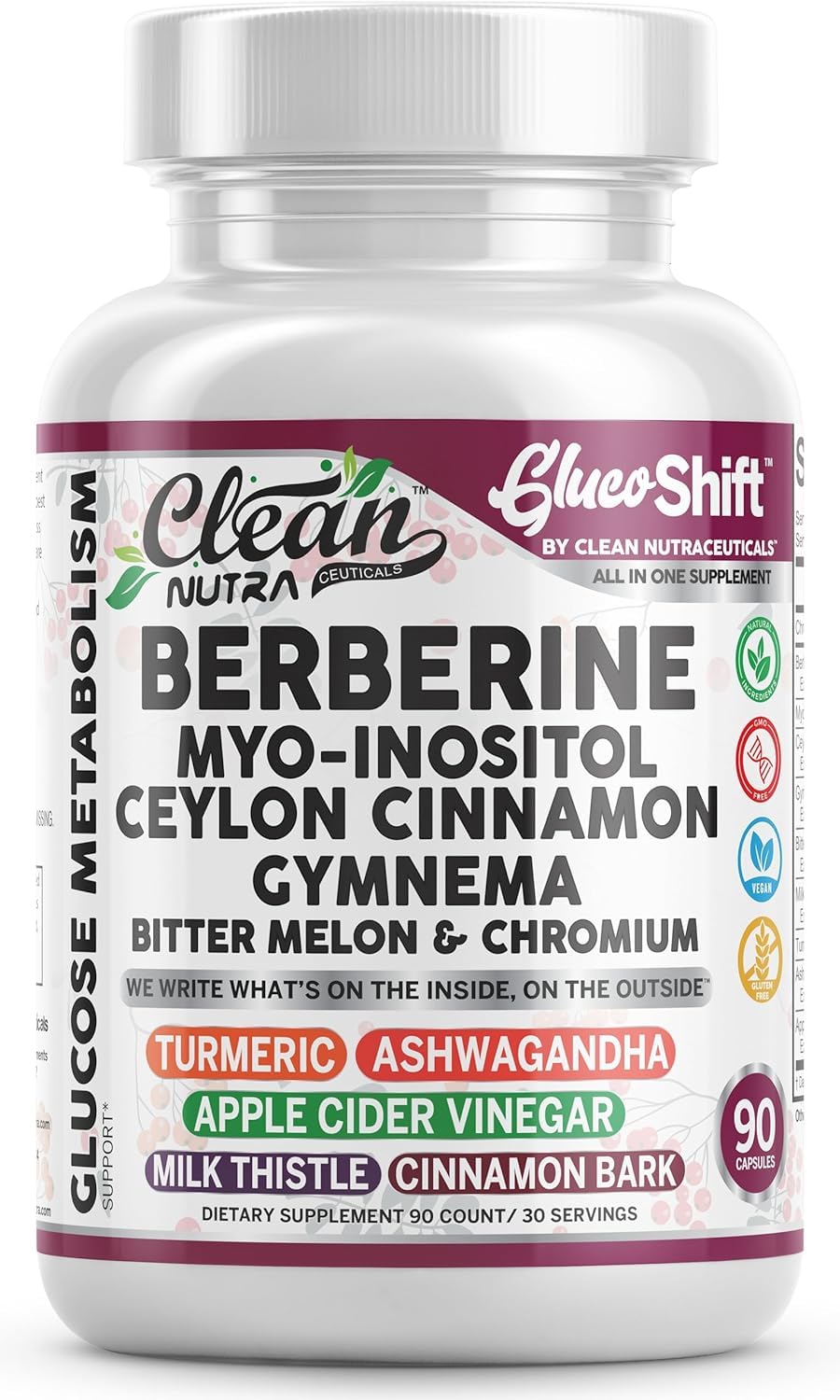 Clean Nutraceuticals front label showing berberine complex and vegan badge