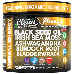 Clean Nutra Black Seed Oil Sea Moss Ashwagandha Burdock Bladderwrack bottle and capsules